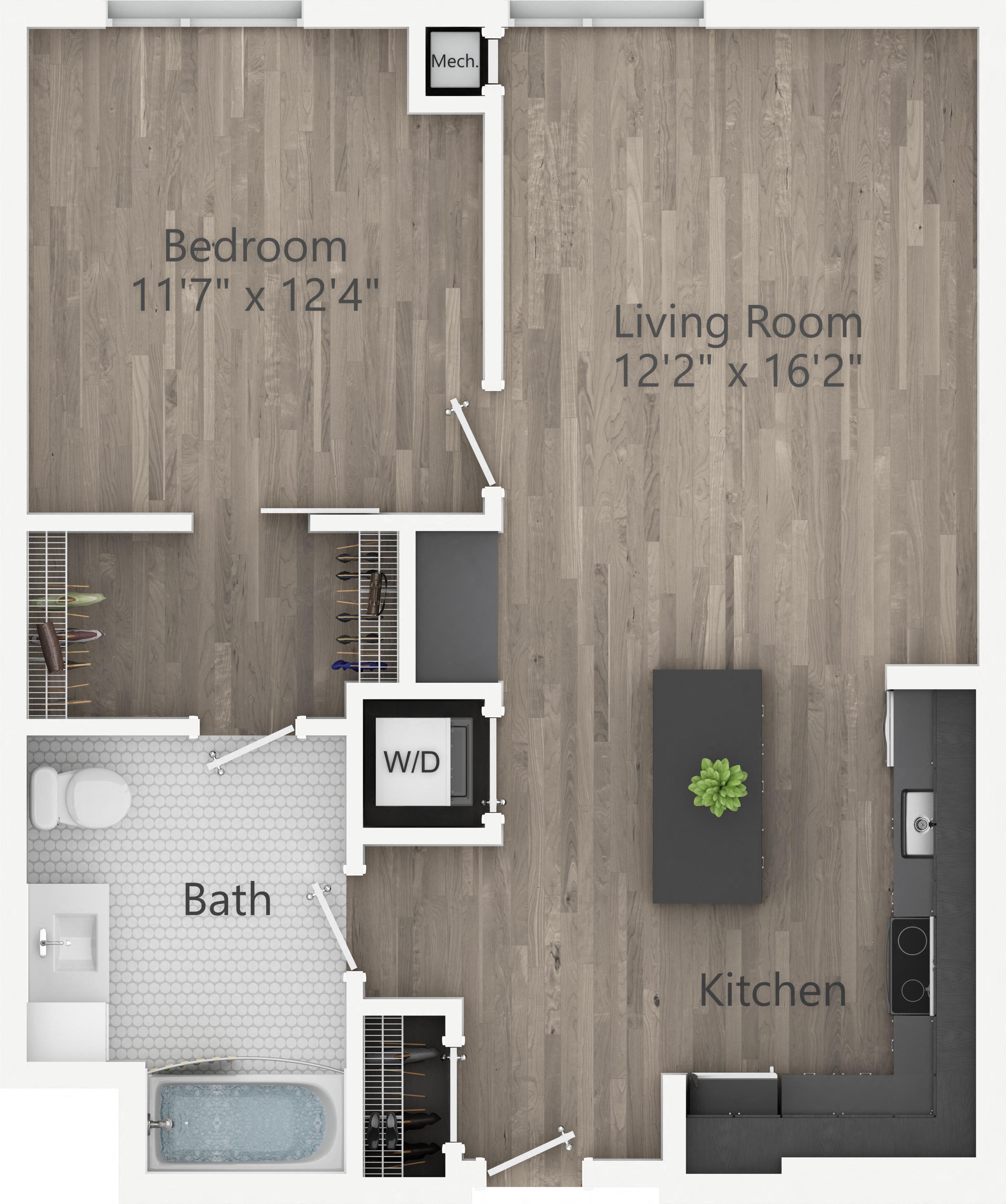 Floor plan for 1 bed, 1 bath, 744 sqft